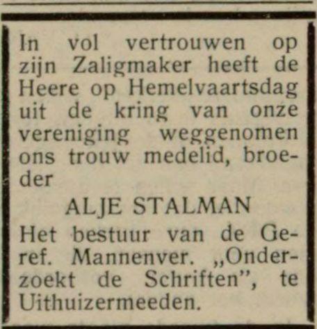 overlijdensadvertentie alje stalman -1 on 21 May 1958.